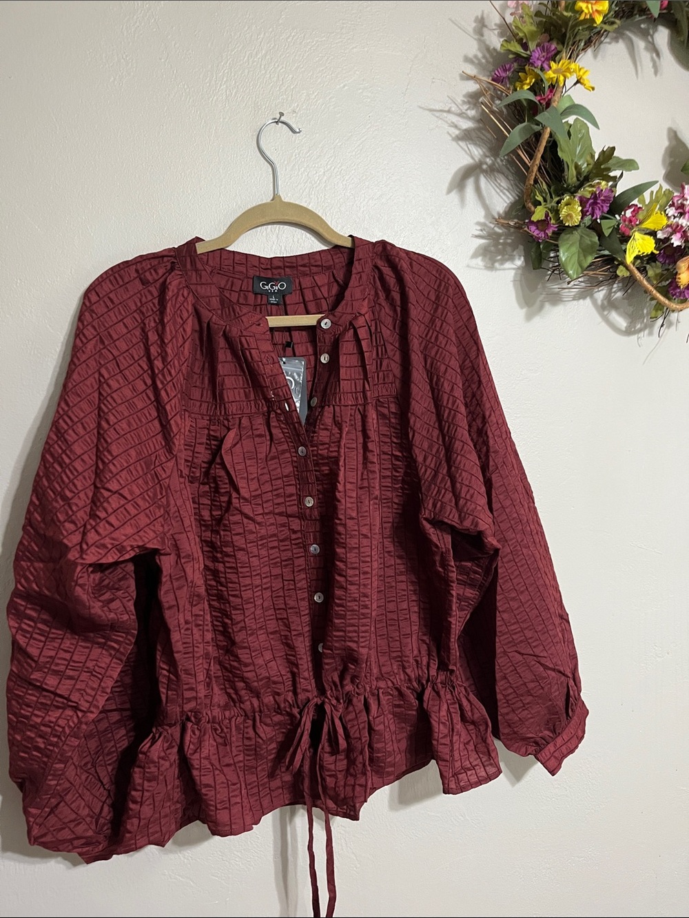 Burgundy Textured Drawstring Peasant Blouse
